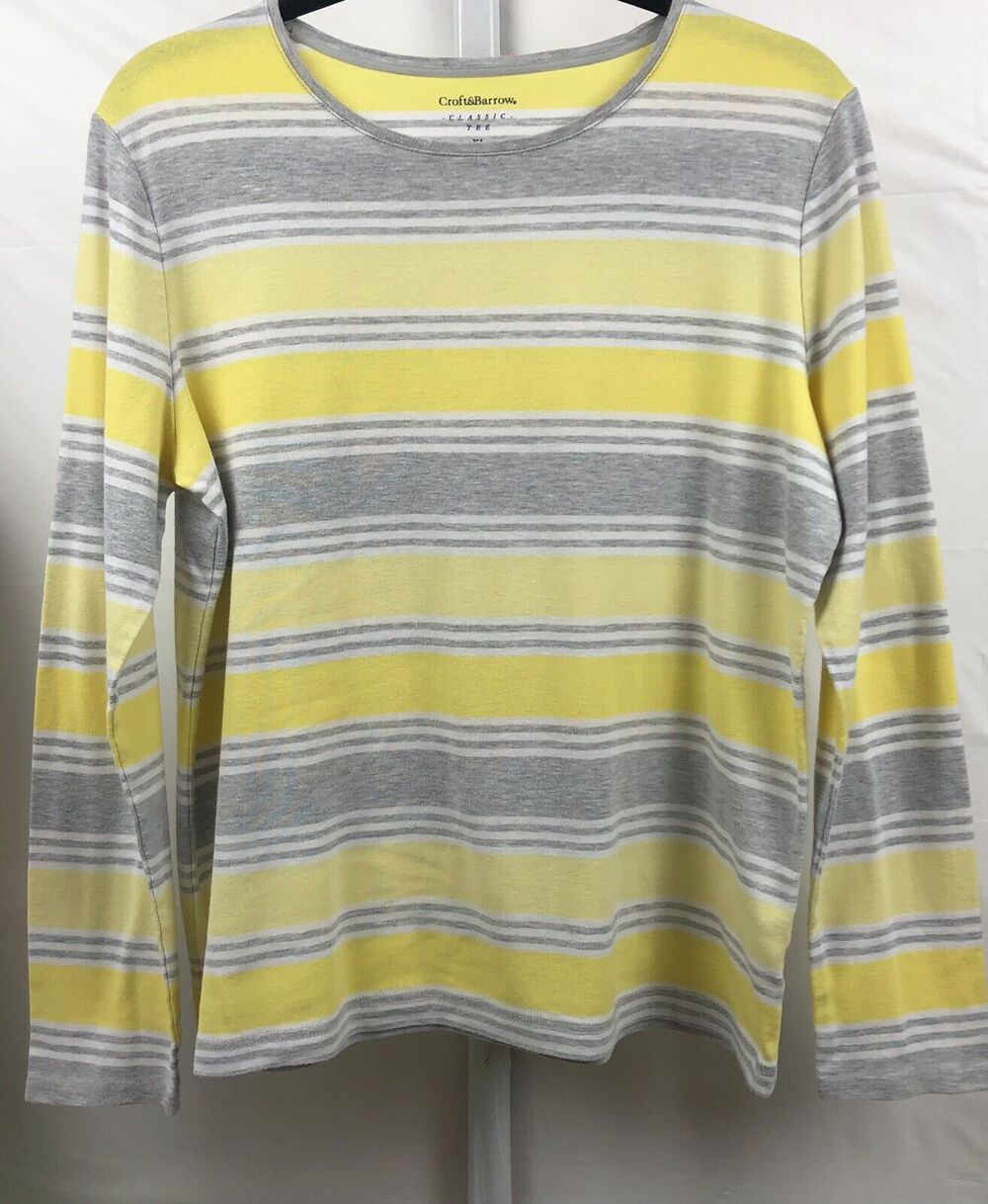 Croft & Barrow Top Women Size XL Yellow Stripe Cotton Stretch Classic Tee Shirt